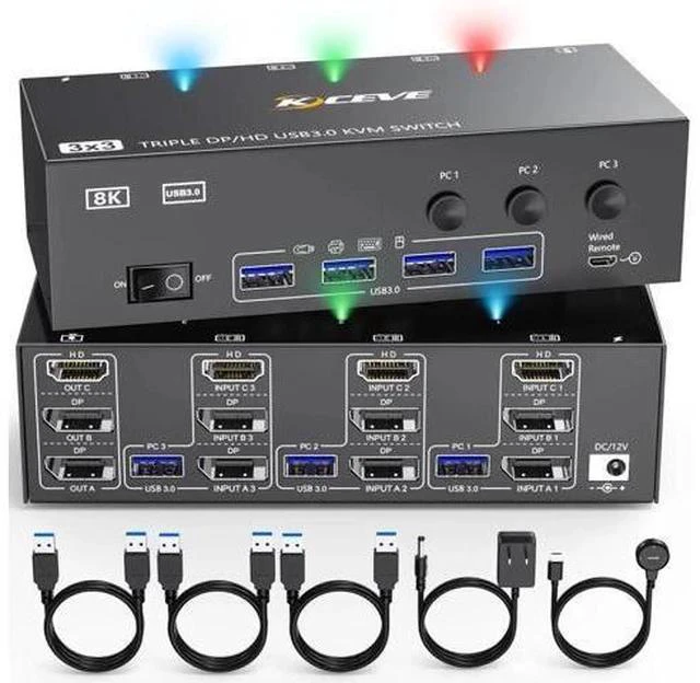 Main image of 3-In-3-Out Triple Monitor HDMI+DP KVM Switch 8K@30Hz 4K@144Hz, USB 3.0 KVM Switcher for 3 PCs Share 3 Displays & 4 USB 3.0 Peripherals