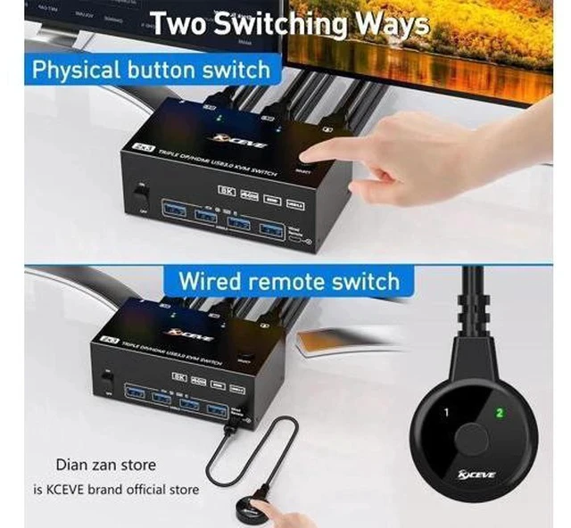 Alt view image 2 of 7 - 2 Port Triple Monitor HDMI+DP KVM Switch, 8K@30Hz 4K@144Hz USB3.0 KVM Switcher with Wired Remote, 4 USB 3.0 Ports for 2 PCs Share 3 Displays