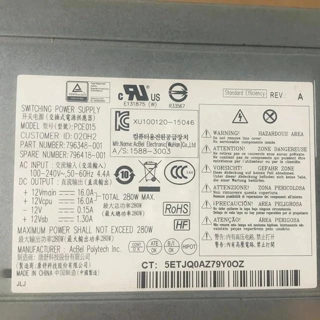 Alt view image 6 of 6 - Power Supply for H P 600 800 G2 TWR 280W DPS-280AB-5 B PCD019 D13-280P2A PS-4281-1HA D14-280P1A DPS-280AB-5 A