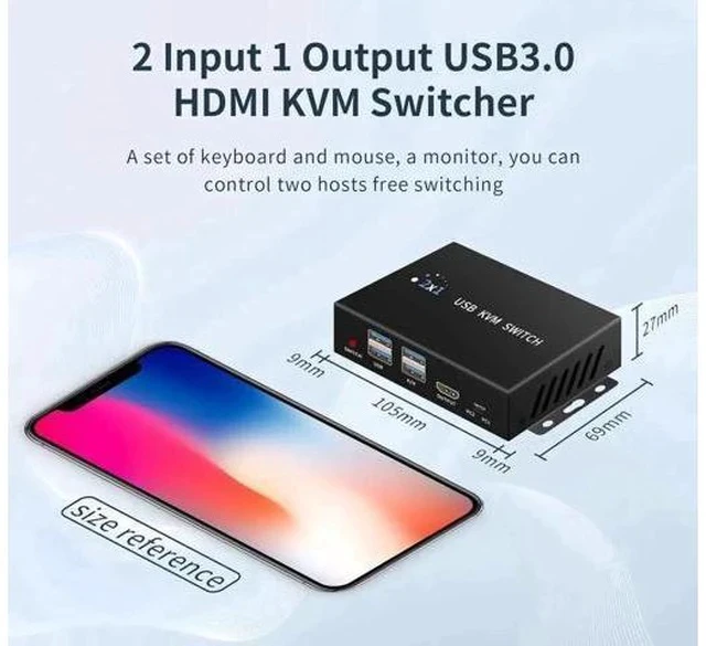 Alt view image 3 of 7 - 2 Port 2 in 1 Out HDMI USB 3.0 KVM Switch, 4K@60Hz, 2 PCs Share One Monitor, Comes with Desktop Controller & Button Switch, Compatible with Windows, Linux, MacOS