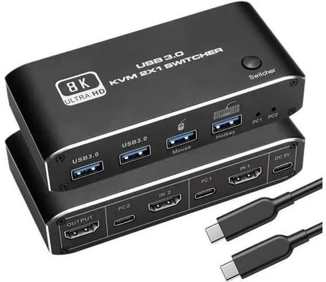Main image of 2-Port HDMI 2.1 8K KVM Switch 2 In 1 Out, 2 PCs Share 1 Monitor, Keyboard & Mouse with 2 USB 3.0 Ports, Supports 8K@60Hz, Dynamic HDR, VRR, RGB 8:8:8, One-Button & Hotkey Switching
