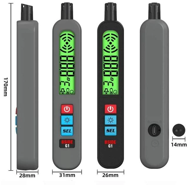 Alt view image 5 of 7 - Portable Rechargeable Combustible Gas Leak Detector Natural Gas / Methane / Propane / LPG Sniffer with Ambient Temperature Display, Audible/Visual/Vibration Alarms, USB Charging - G1