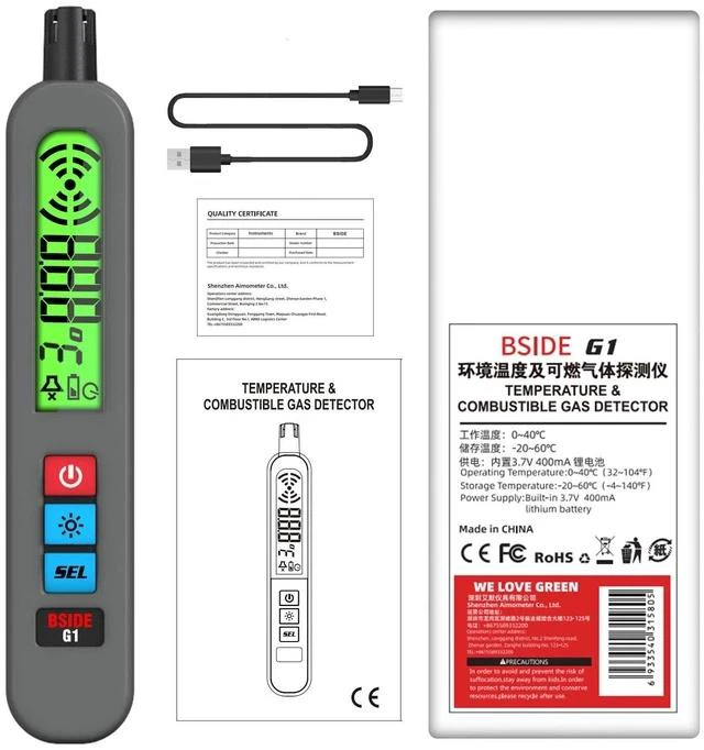 Alt view image 7 of 7 - Portable Rechargeable Combustible Gas Leak Detector Natural Gas / Methane / Propane / LPG Sniffer with Ambient Temperature Display, Audible/Visual/Vibration Alarms, USB Charging - G1