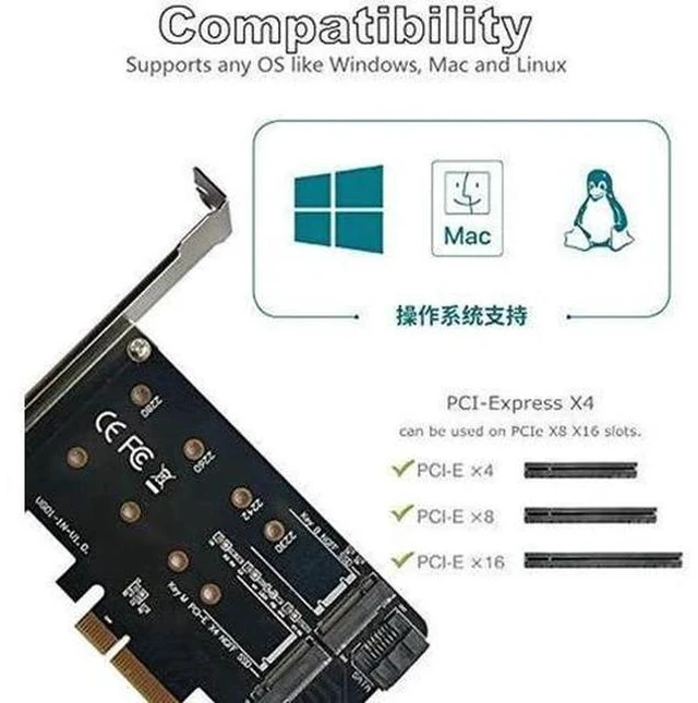 Alt view image 2 of 6 - PCIe 4.0 x4 Dual M.2 Adapter Card, Supports 1×M-Key NVMe SSD + 1×B/B+M-Key SATA SSD, Compatible with 2230/2242/2260/2280 NGFF Drives, Comes with SATA 3.0 Cable