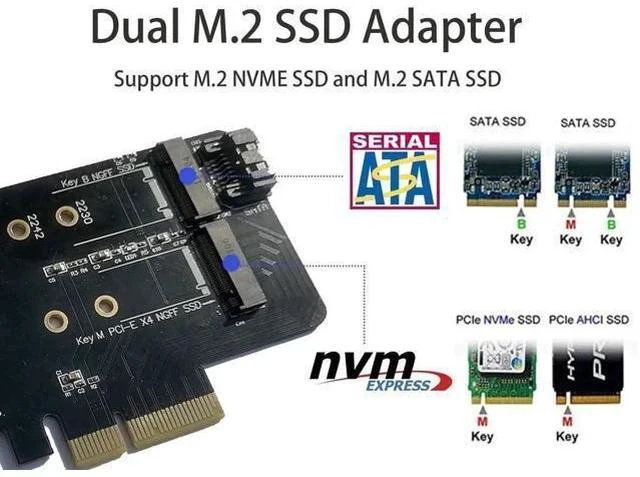 Alt view image 6 of 6 - PCIe 4.0 x4 Dual M.2 Adapter Card, Supports 1×M-Key NVMe SSD + 1×B/B+M-Key SATA SSD, Compatible with 2230/2242/2260/2280 NGFF Drives, Comes with SATA 3.0 Cable