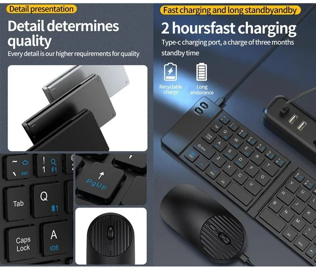 Alt view image 3 of 6 - 2.4G + Bluetooth Foldable Keyboard and Mouse Set Ultra-Portable Rechargeable Combo for Multi-Device Office/Travel - Grey