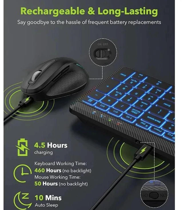 Alt view image 5 of 7 - 2.4G + Bluetooth Dual Mode Rechargeable Keyboard & Mouse Combo Low-Latency Response, RGB Backlit, Silent Ergonomic Design for Office/Gaming