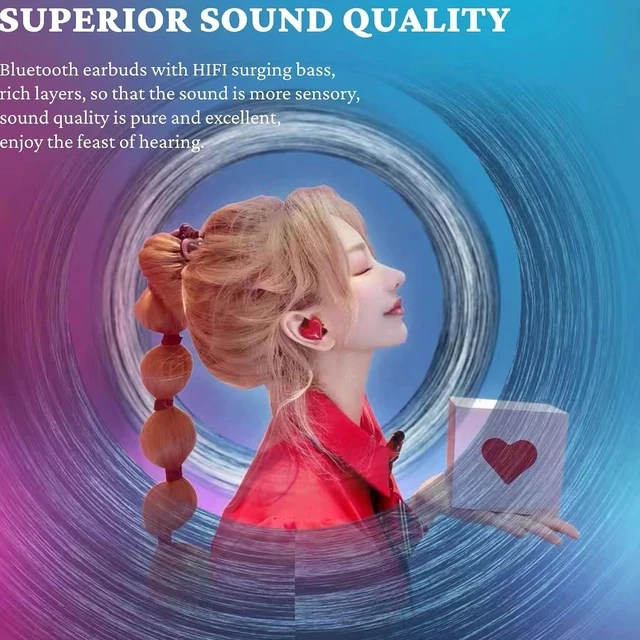 Alt view image 2 of 7 - Bluetooth Earbuds, Noise Canceling Headphones with Charging Case, Stereo Stylish Heart Shaped Earphones for Gym Office School