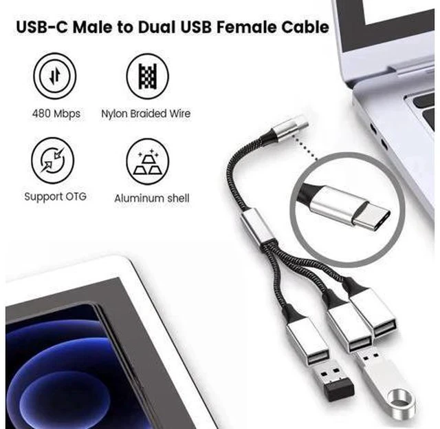 Alt view image 2 of 7 - 0.8FT USB-C Male to Dual USB-A 2.0 Female OTG Splitter Hub, 2-Port Type-C to Double USB-A Adapter for Phone, Laptop & Game Console