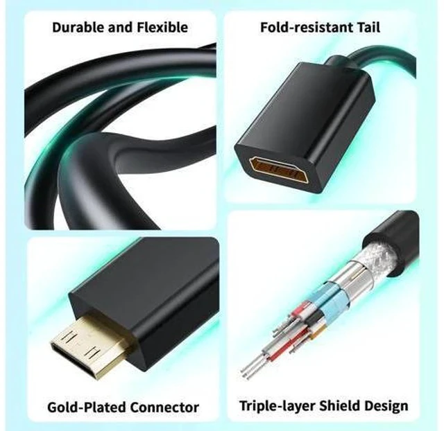 Alt view image 2 of 7 - 15cm Mini HDMI Male to HDMI 2.0 Female Adapter Cable, 4K@60Hz HDR 3D 18Gbps Video Converter for DSLR Camera, Raspberry Pi, Camcorder