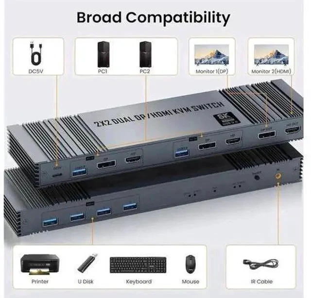 Alt view image 5 of 7 - 2x2 HDMI DP Dual Monitor KVM Switch, 8K/4K@144Hz, 2 In 2 Out for 2 PCs & 2 Displays