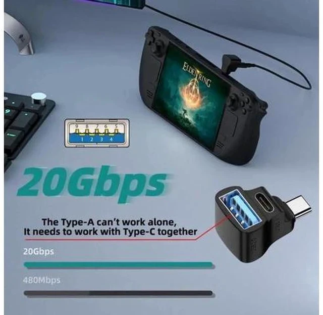 Alt view image 4 of 7 - 90° Angled USB3.0 Type-C Male Splitter Adapter, 10Gbps, Dual USB-A OTG + Type-C PD Pass-Through Port, Compatible with Steam Deck & Laptops