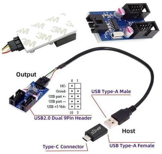 Alt view image 5 of 7 - USB 3.1 Type-C Male to Dual USB-A Female Hub Adapter, Motherboard 9Pin/10Pin Header 1-to-2 USB Port Multiplier Splitter Cable