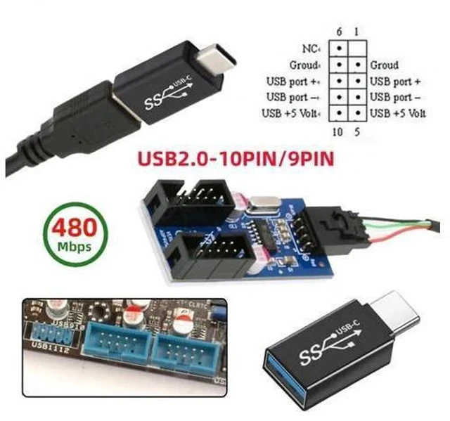 Alt view image 7 of 7 - USB 3.1 Type-C Male to Dual USB-A Female Hub Adapter, Motherboard 9Pin/10Pin Header 1-to-2 USB Port Multiplier Splitter Cable