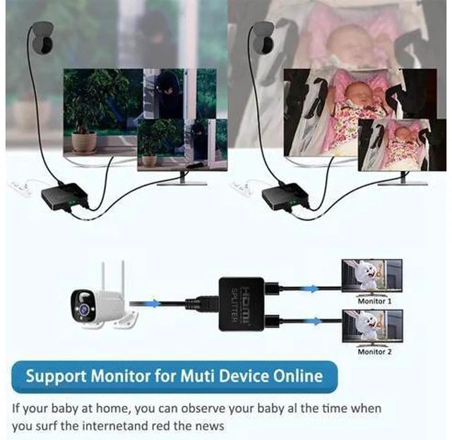 Alt view image 5 of 7 - 1 in 2 Out HDMI Splitter with 5FT HDMI Cable, 4K UHD Mirror Display Splitter Duplicates Single Source to Two Monitors Simultaneously