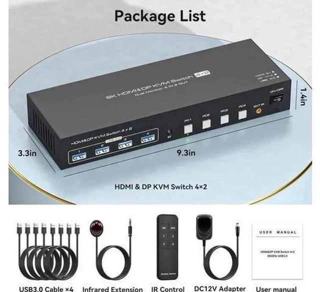 Alt view image 5 of 7 - 4-Port Dual Monitor HDMI2.1+DP1.4 KVM Switch, 8K@60Hz, 4 USB3.0 Ports with IR Remote Control