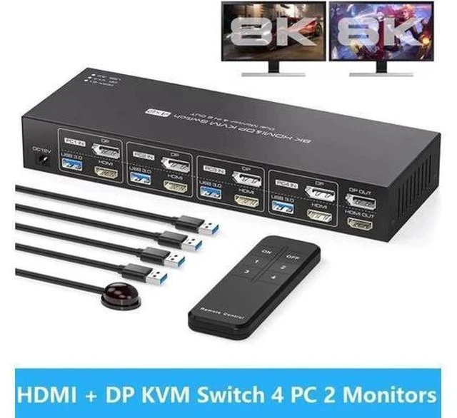 Main image of 4-Port HDMI2.1+DP1.4 Dual Monitor USB3.0 KVM Switch, 8K@60Hz, 4 USB3.0 Ports with IR Remote Control