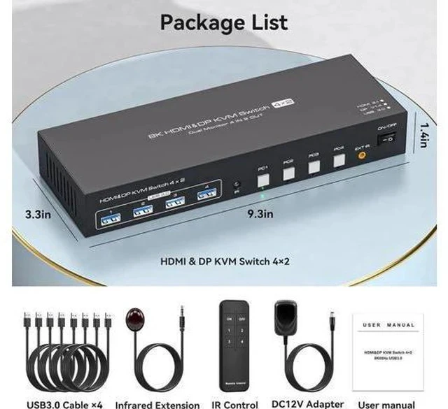 Alt view image 3 of 7 - 4-Port HDMI2.1+DP1.4 Dual Monitor USB3.0 KVM Switch, 8K@60Hz, 4 USB3.0 Ports with IR Remote Control