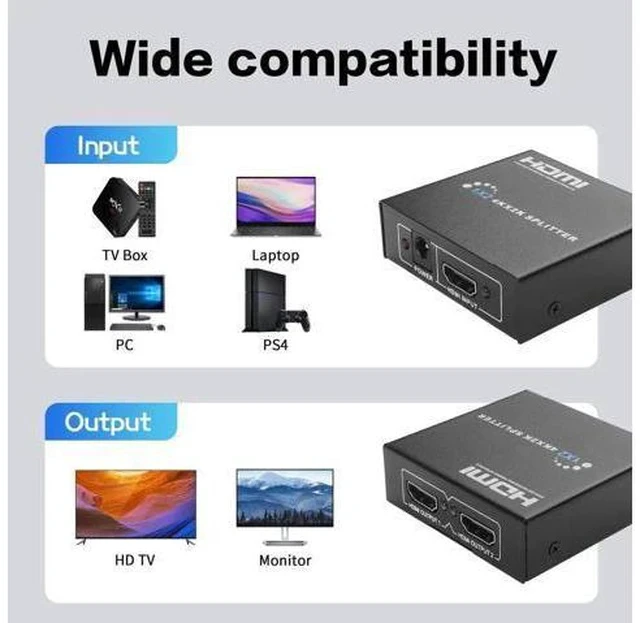 Alt view image 2 of 6 - YACSEJAO 1x2 Powered HDMI Splitter 1 in 2 Out, 4K HDMI Splitter Duplicates One Source to Two Identical Displays for Dual Monitors