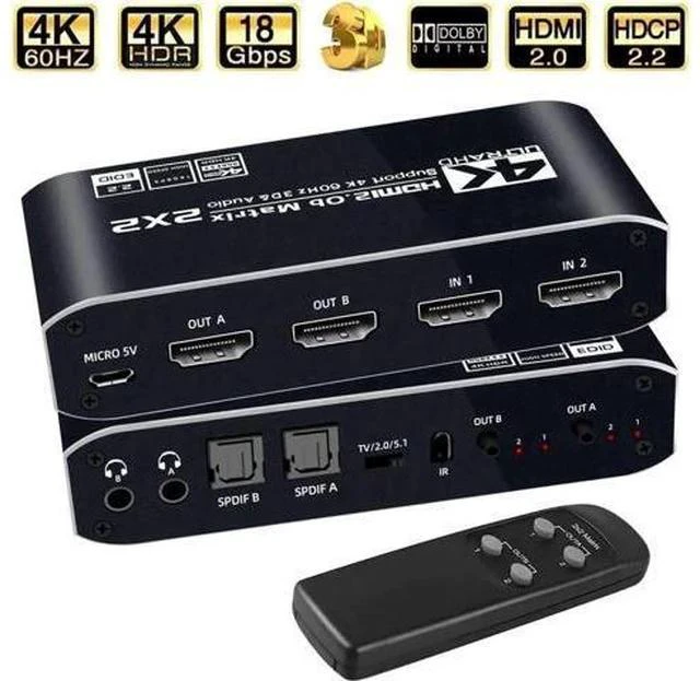 Main image of 2x2 HDMI Matrix Switch 4K@60Hz HDR10, HDMI 2.0 Video Switcher with Dual SPDIF & Dual 3.5mm Audio Extractor, HDCP 2.2 EDID IR Remote Control
