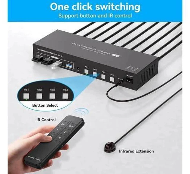 Alt view image 4 of 7 - 4-Port HDMI2.1+DP1.4 Dual Monitor USB3.0 KVM Switch, 8K@60Hz, 4 USB3.0 Ports with IR Remote Control