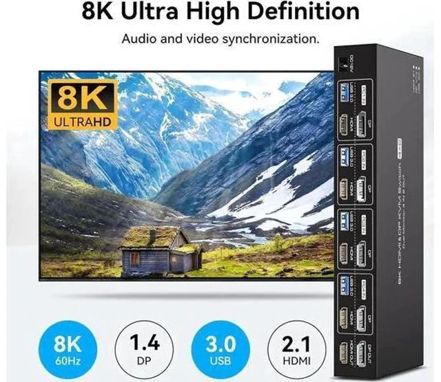 Alt view image 5 of 7 - 4-Port HDMI2.1+DP1.4 Dual Monitor USB3.0 KVM Switch, 8K@60Hz, 4 USB3.0 Ports with IR Remote Control