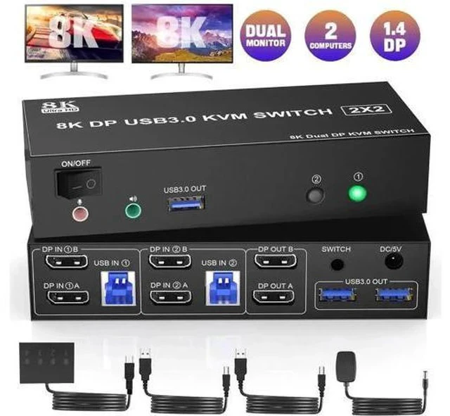 Alt view image 2 of 7 - 2 Port DP 1.4 Dual Monitor USB 3.0 KVM Switch 8K@60Hz, Separate Audio & Mic Jacks, 3 USB3.0 Ports, Wired Remote & 2 USB Cables Included
