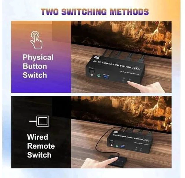 Alt view image 5 of 7 - 2 Port DP 1.4 Dual Monitor USB 3.0 KVM Switch 8K@60Hz, Separate Audio & Mic Jacks, 3 USB3.0 Ports, Wired Remote & 2 USB Cables Included
