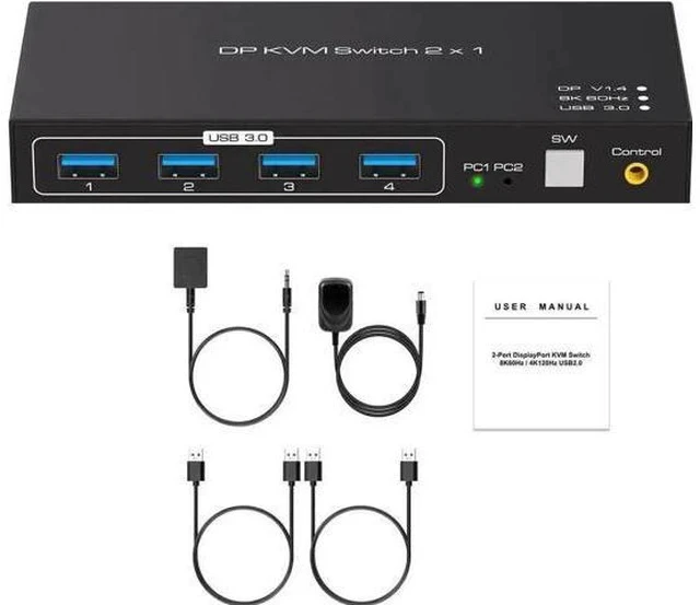 Alt view image 5 of 7 - 2-Port DP 1.4 KVM Switch 2 In 1 Out, 8K@60Hz, 4 USB3.0 Ports, Wired Controller Included