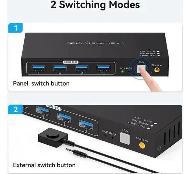 Alt view image 6 of 7 - 2-Port DP 1.4 KVM Switch 2 In 1 Out, 8K@60Hz, 4 USB3.0 Ports, Wired Controller Included