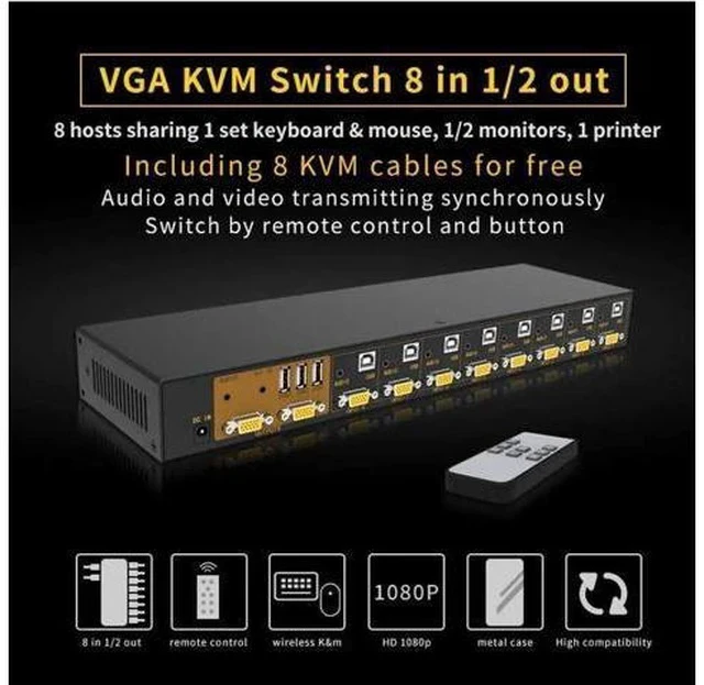 Alt view image 7 of 7 - 8 Port 8x2 VGA KVM Switch with Remote Control, 8 In 2 Out VGA Switcher Supports Audio & USB2.0, Share Keyboard Mouse for 8 Computers
