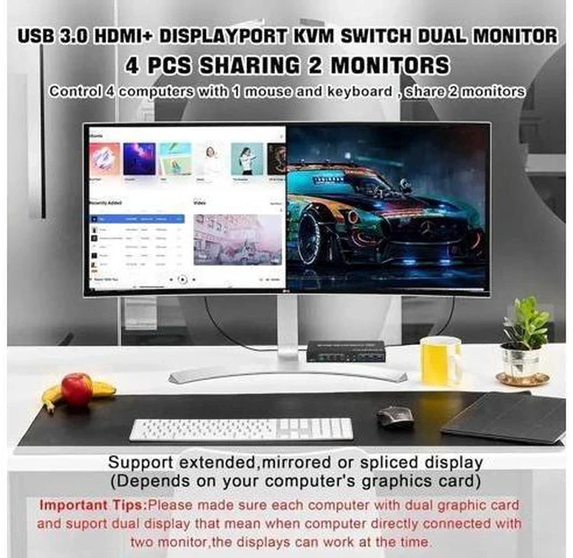 Alt view image 2 of 7 - 4-Port Dual Monitor KVM Switch (HDMI+DP), 4K@60Hz, USB3.0 with Audio & Mic Jack, 4 PCs Share 2 Monitors