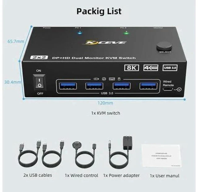 Alt view image 5 of 7 - 2 Port Hybrid HDMI + DP Dual Monitor USB 3.0 KVM Switch, 8K@60Hz, 4 USB3.0 Ports for 2 PCs Sharing 2 Monitors, Keyboard & Mouse