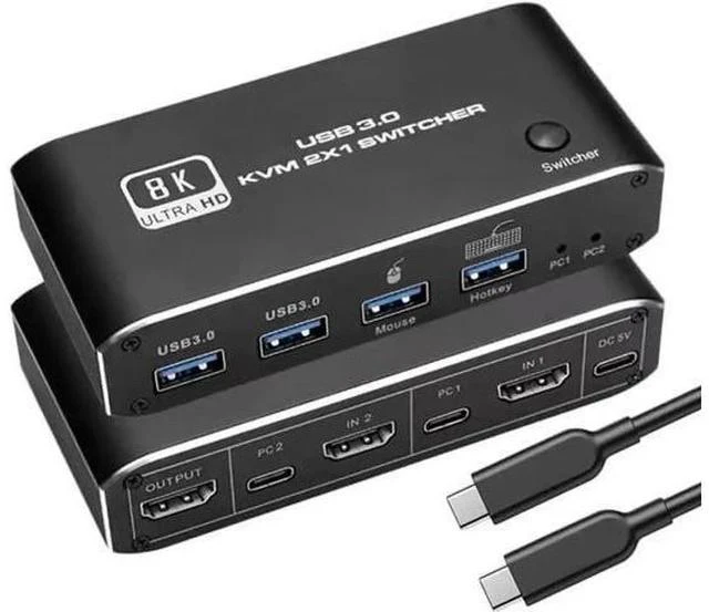 Main image of 2 In 1 Out HDMI 2.1 KVM Switch 8K@60Hz, 2 PCs Share 1 Monitor Keyboard Mouse & Dual USB 3.0 Ports, Support Dynamic HDR, VRR, RGB 8:8:8, One-Button & Hotkey Switching