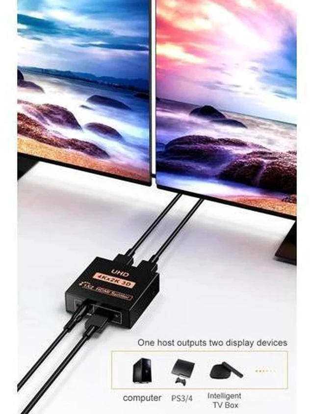 Alt view image 3 of 7 - 2 Port 1 in 2 Out HDMI Splitter Adapter, Female to Female 1x2 HDMI Distributor Support 4K for Xbox PS4 DVD HDTV PC Laptop