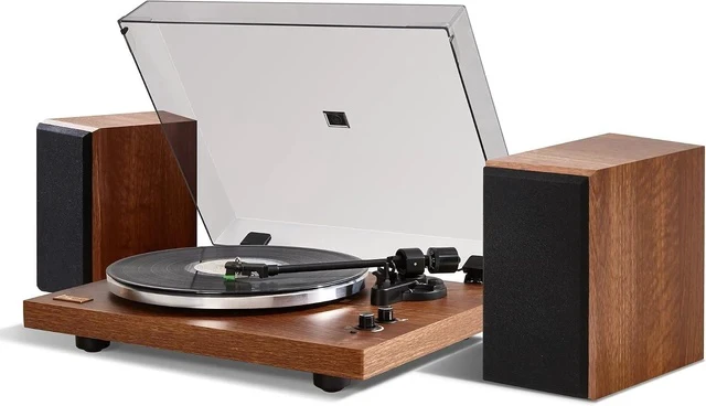 Alt view image 2 of 7 - Vinyl Record Player Wireless Bluetooth Turntable Builds in Phono Preamp and Comes with 40W External Speakers Retro Wooden Shell High-Fidelity Sound