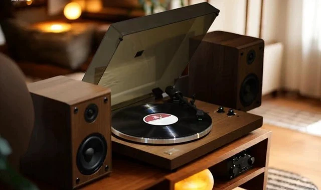 Alt view image 5 of 7 - Vinyl Record Player Wireless Bluetooth Turntable Builds in Phono Preamp and Comes with 40W External Speakers Retro Wooden Shell High-Fidelity Sound