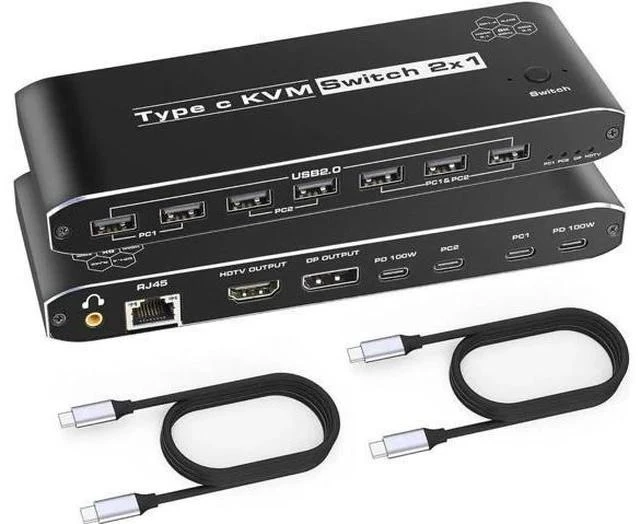 Main image of 2 Port USB-C KVM Switch with HDMI & DP Output, Thunderbolt Type-C KVM Hub 7 USB-A, 100W PD, RJ45 Ethernet & 3.5mm Audio Jack, 4K@60Hz for Laptops