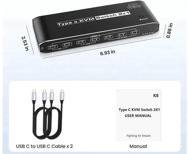 Alt view image 2 of 5 - 2 Port USB-C KVM Switch with HDMI & DP Output, Thunderbolt Type-C KVM Hub 7 USB-A, 100W PD, RJ45 Ethernet & 3.5mm Audio Jack, 4K@60Hz for Laptops
