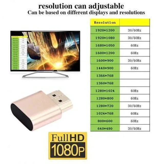 Alt view image 7 of 7 - Gold HDMI Dummy Plug Virtual Display Emulator, 4K@60Hz HDMI 1.4 EDID DDC Headless Ghost Monitor Adapter for Mining Remote PC