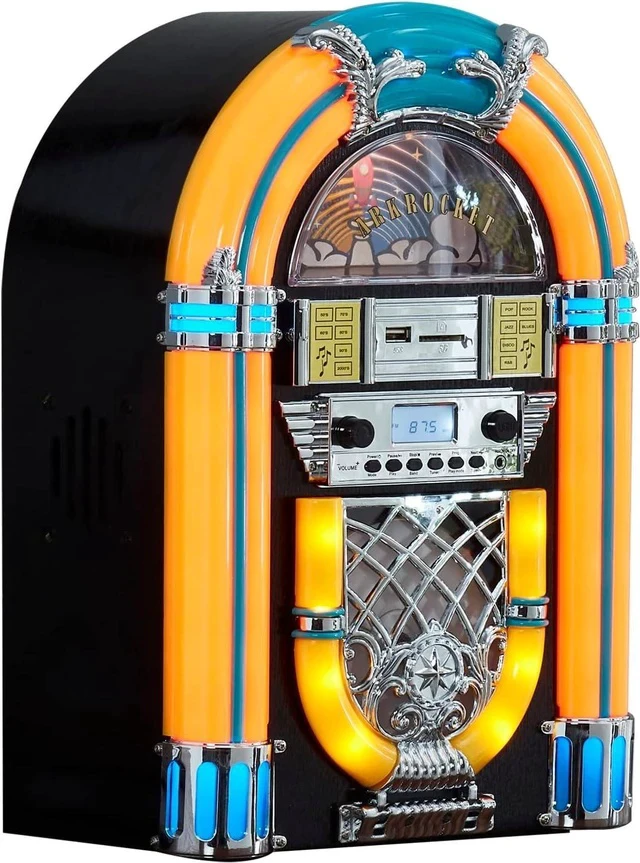 Alt view image 2 of 7 - Athena Mini Jukebox/Tabletop CD Player/Bluetooth Speaker/Radio/USB and SD Card Player with Retro LED Lighting System (Yellow Green)