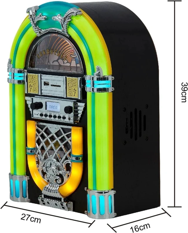 Alt view image 3 of 7 - Athena Mini Jukebox/Tabletop CD Player/Bluetooth Speaker/Radio/USB and SD Card Player with Retro LED Lighting System (Yellow Green)