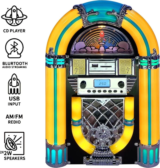 Alt view image 5 of 7 - Athena Mini Jukebox/Tabletop CD Player/Bluetooth Speaker/Radio/USB and SD Card Player with Retro LED Lighting System (Yellow Green)