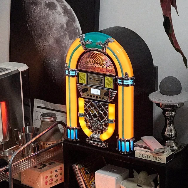 Alt view image 6 of 7 - Athena Mini Jukebox/Tabletop CD Player/Bluetooth Speaker/Radio/USB and SD Card Player with Retro LED Lighting System (Yellow Green)