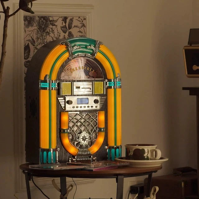 Alt view image 7 of 7 - Athena Mini Jukebox/Tabletop CD Player/Bluetooth Speaker/Radio/USB and SD Card Player with Retro LED Lighting System (Yellow Green)