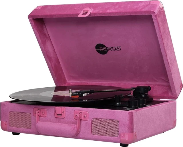Alt view image 2 of 5 - Bluetooth Turntable Retro Suitcase 3-Speed Record Player with Built-in Speakers (Hot Pink Velvet)