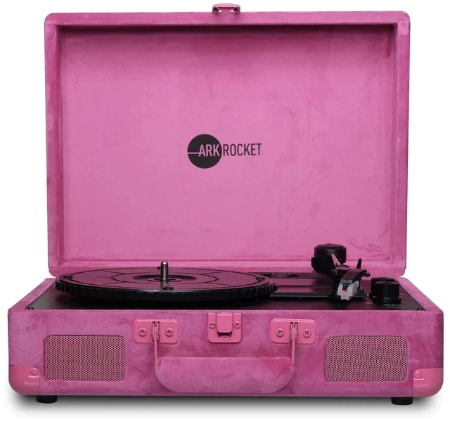Alt view image 4 of 5 - Bluetooth Turntable Retro Suitcase 3-Speed Record Player with Built-in Speakers (Hot Pink Velvet)