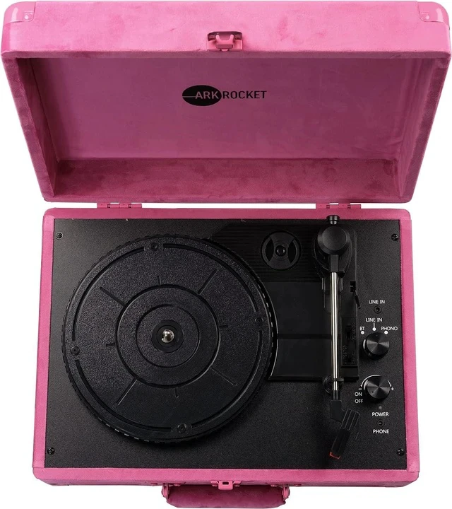 Alt view image 3 of 5 - Bluetooth Turntable Retro Suitcase 3-Speed Record Player with Built-in Speakers (Hot Pink Velvet)