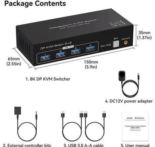 Alt view image 4 of 7 - 2 Port 2-In-2-Out Dual Monitor DP 1.4 KVM Switch 8K@60Hz 4K@120Hz USB 3.0, External Desktop Controller, 4 USB 3.0 Ports for 2 PCs Share Dual Displays, Keyboard, Mouse & Printer