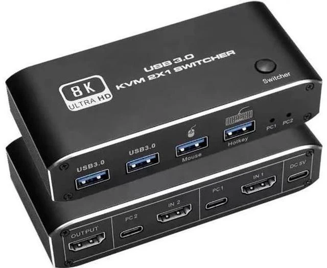 Main image of 2x1 HDMI 2.1 8K KVM Switch with 4 USB 3.0 Ports, 2 PCs Share 1 Monitor, Support 8K@60Hz, 4K@120Hz, YUV 4:4:4, HDCP 2.3, HDR10, Hotkey Control, Dark Shell